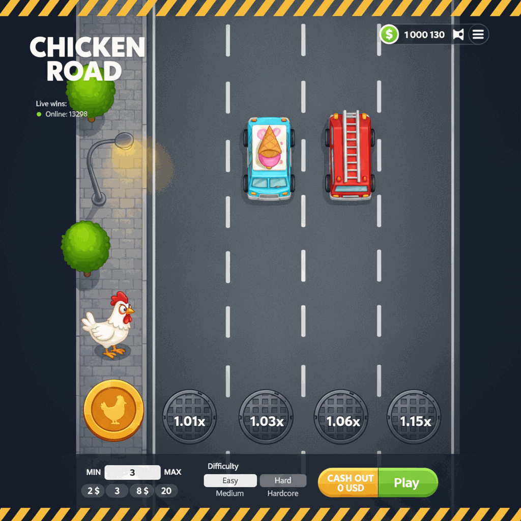 Chicken Road Crash-Spiel von InOut zeigt ein mutiges Huhn, das eine mehrspurige Straße überquert, umgeben von fahrenden Autos und Multiplikatoren auf jeder Spur, im Comic-Stil mit leuchtenden Farben und dynamischer Spieloberfläche